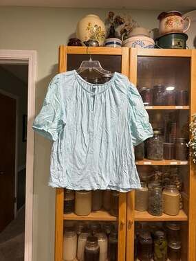 Old Navy Women's Blue Puff-Sleeve Slub-Knit Cotton Blouse Top Size 2X